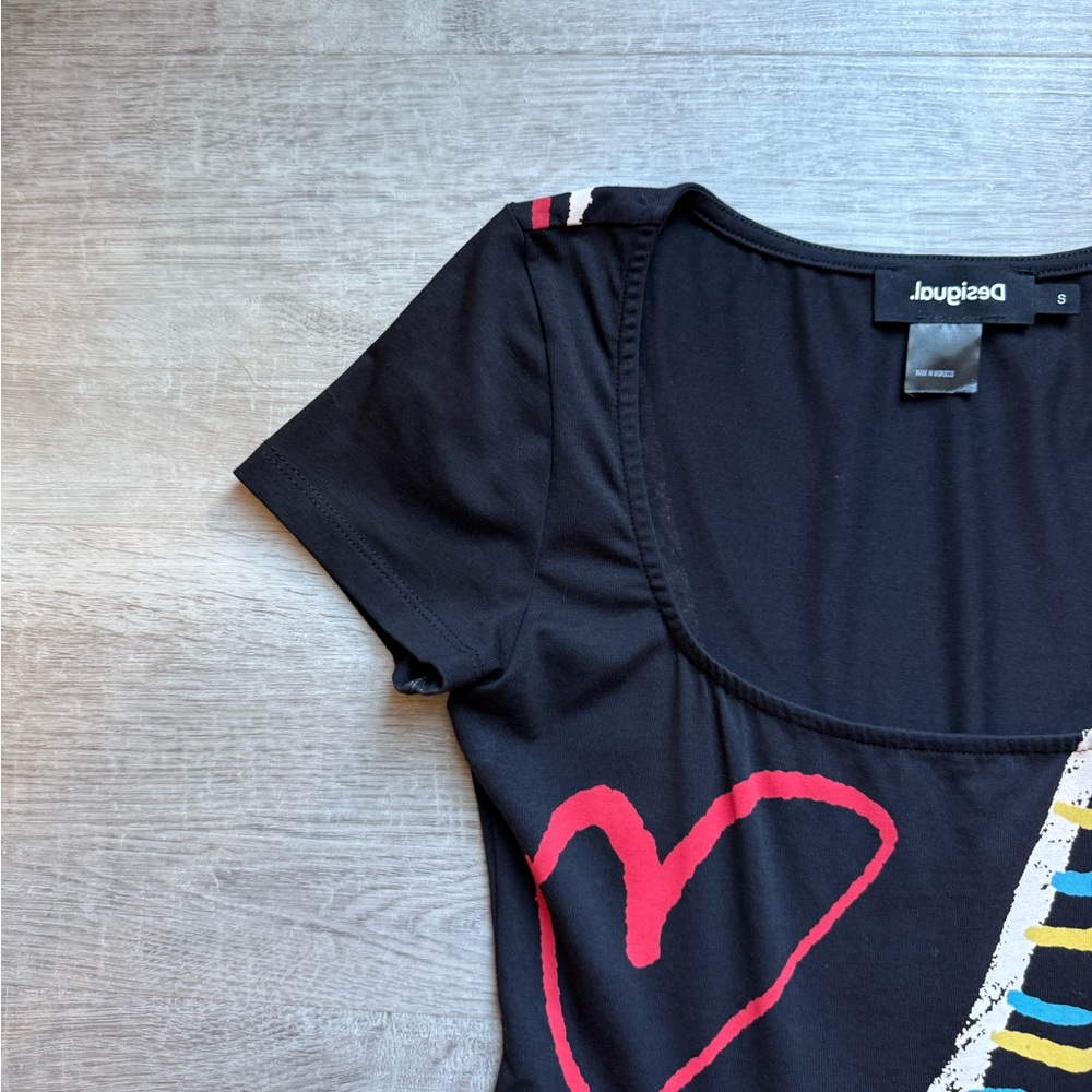 Desigual Arty A-line Short Sleeves Square Neck Black Dress Size S Heart Artsy - Picture 4 of 9